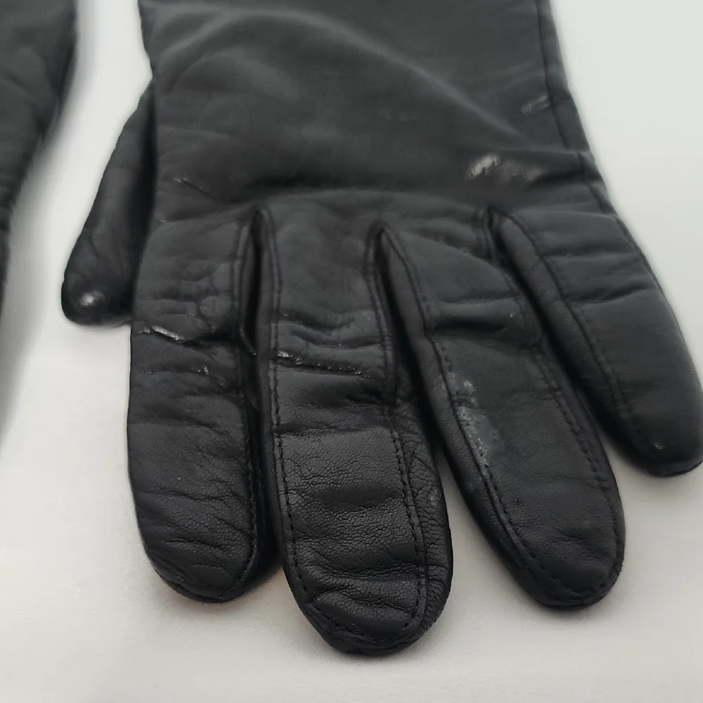 Aris Black Leather Cashmere Gloves Size 6 1/2